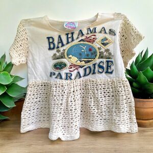 Vintage 90s Kids Bahamas Paradise Crochet Peplum Top GONSER USA Sz S 100% Cotton